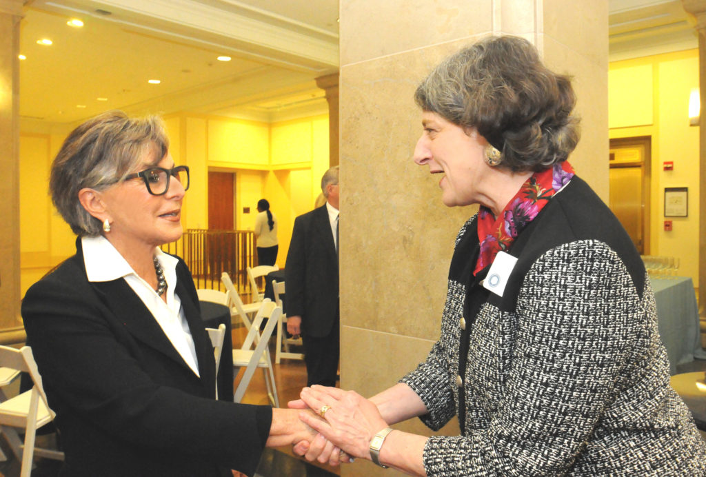 Barbara Boxer talks with Elaine Tennant, director of the Bancroft Library. (Photo by Peg Skorpinski for the University Library)