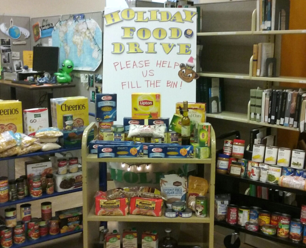 The Interlibrary Services department, in 133 Doe Library, is accepting donations of food that will go directly to the Berkeley Food Pantry. (Photo by Patrick Shannon for the University Library)