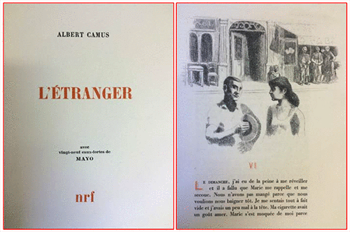 L'étranger by Albert Camus ; avec vingt-neuf eaux-fortes de Mayo. Paris: Gallimard, 1946.