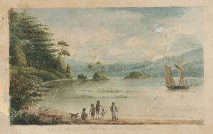 Image of people on shore looking out onto a bay with a ship