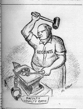  Man wearing shirt that says “Regents” creates wrist shackles labeled “Faculty Loyalty Oath.”