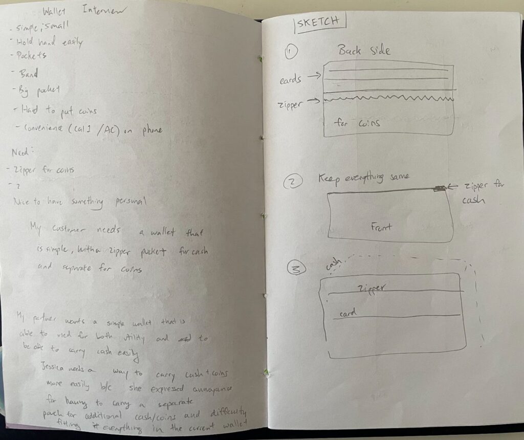 Chloe's sketchbook showing her notes on the Wallet Project Activity