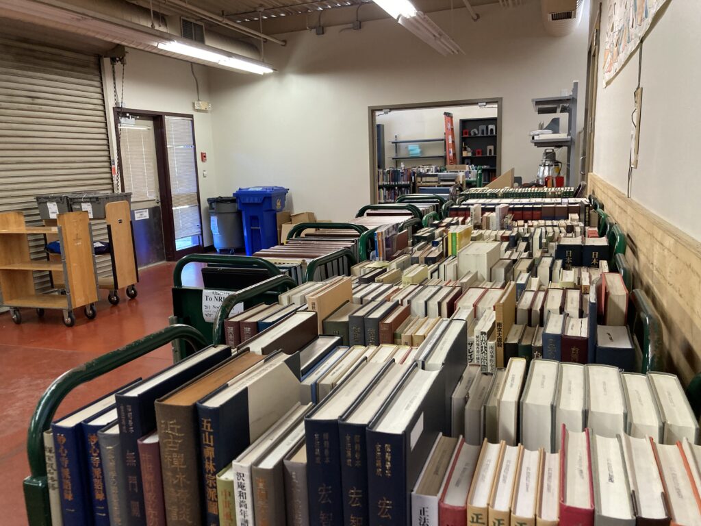 Room full of carts with books