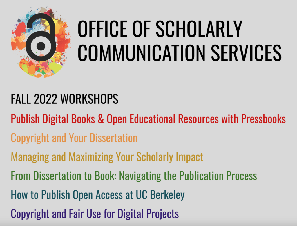 Graphic of Office of Scholarly Communication Services logo with a textual list of Fall 2022 workshops