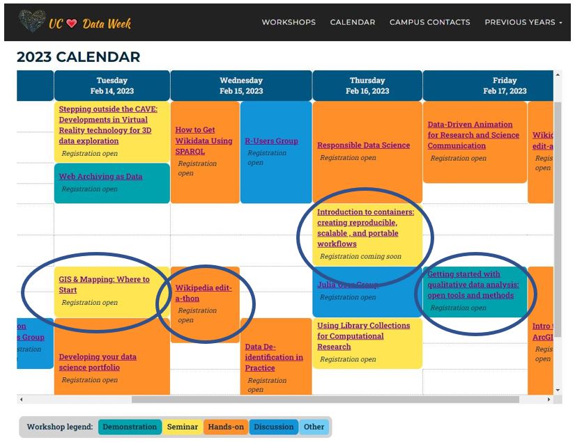 University of California 2023 Love Data Week calendar with UC Berkeley offerings
