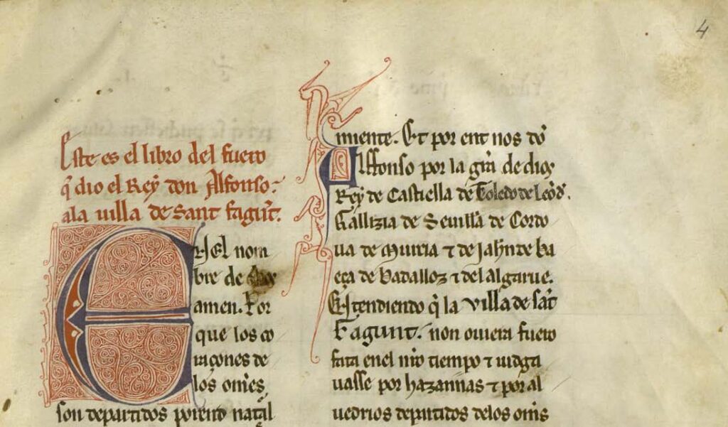 Imagen 2: F. 4r, en el que se inicia el texto. En las ll. 1-3a figura el título del libro y en 7-8b se aprecia el hueco para la inscripción posterior del nombre de la villa.
