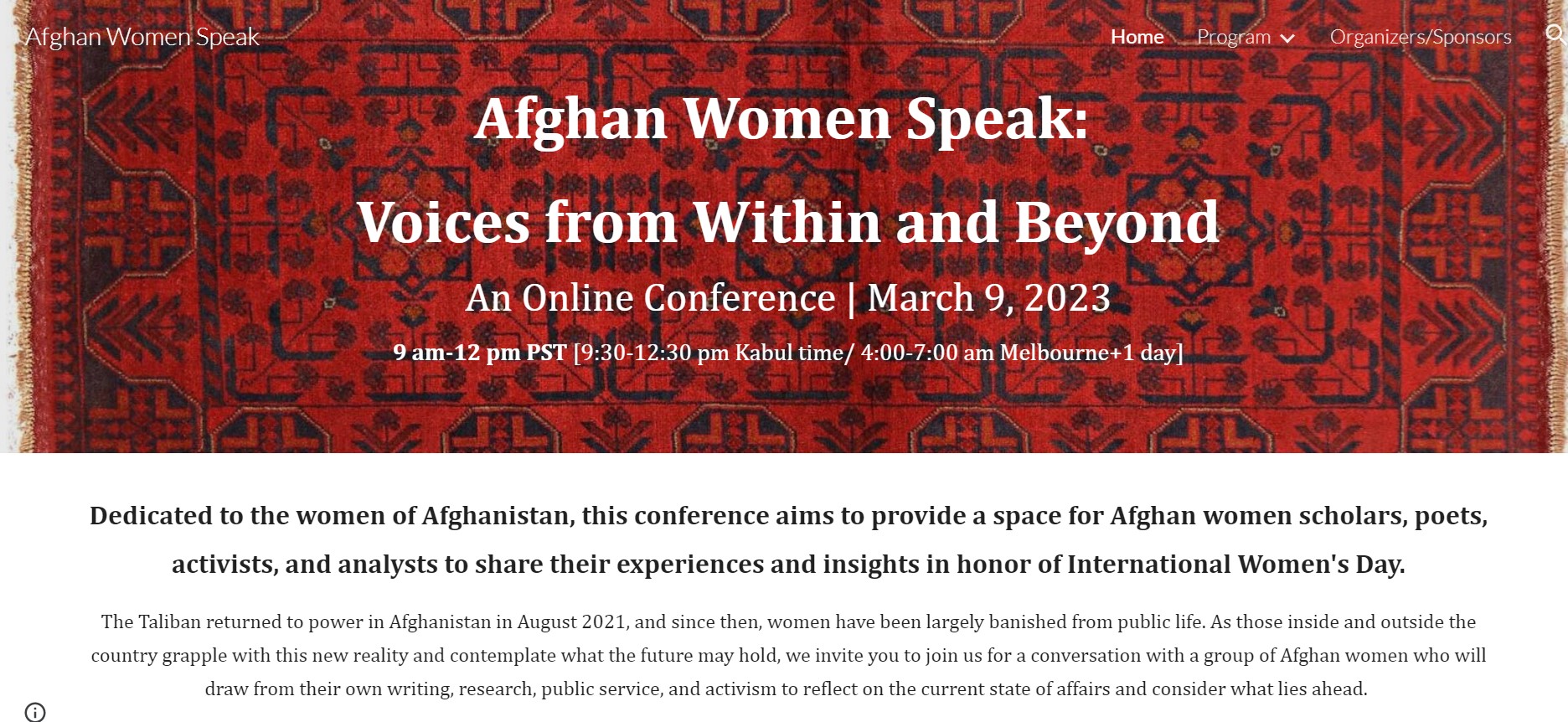 The image is a screenshot of website that is entitled Afghan Women Speak. It is about an online conference that will take place on March 9th, 2023 from 9 am to 12 noon Pacific Standard Time.