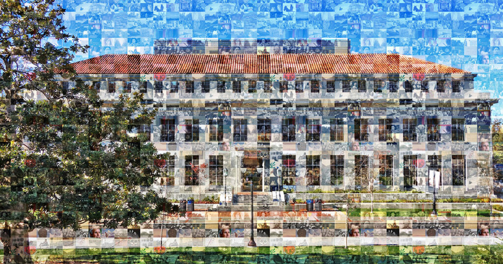 Photo collage where numerous photos that are not individually discernible make up an image of The Bancroft Library, with grass in front and sky above.