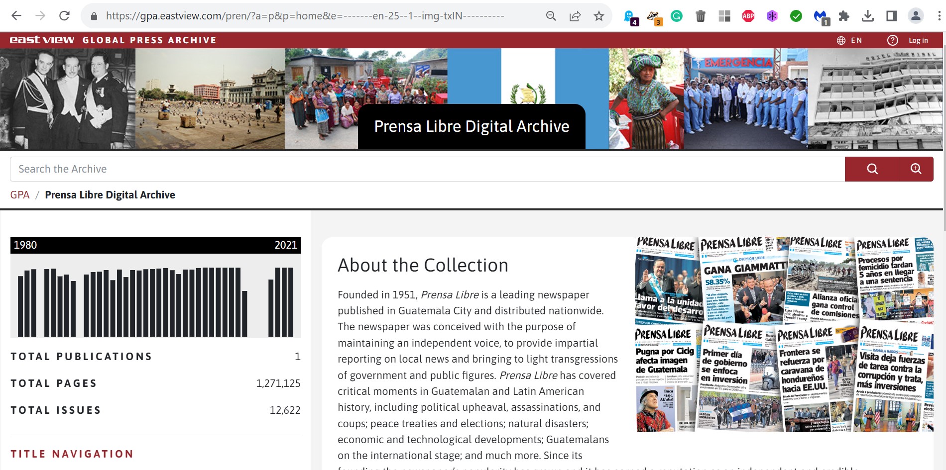 This is the landing page of the Presna Libre Newspaper's Digital Archive. Prensa Libre is a Guatemalan newspaper that was established in 1951. It has been digitized by EastVIew and as of September 5, 2023, issues from 1980 through 2022 were accessible.