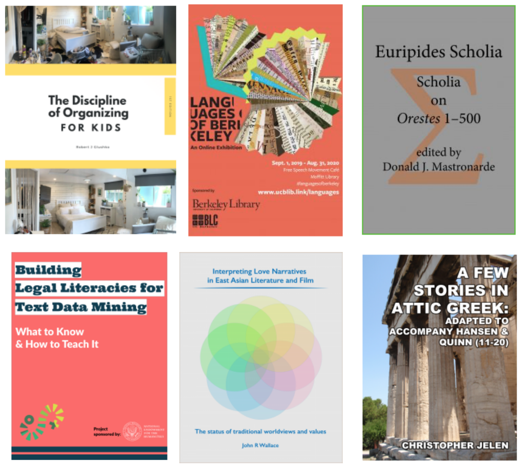 Six book covers from Pressbooks created by UC Berkeley faculty, students, and staff.