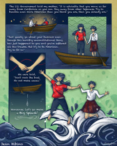 A graphic narrative with four panels depicting a mother and daughter holding hands in a row boat and then jumping into water together