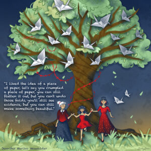 An illustration depicting three women of different generations holding hands in front of a large tree wrapped in red barbed wire and filled with white paper cranes