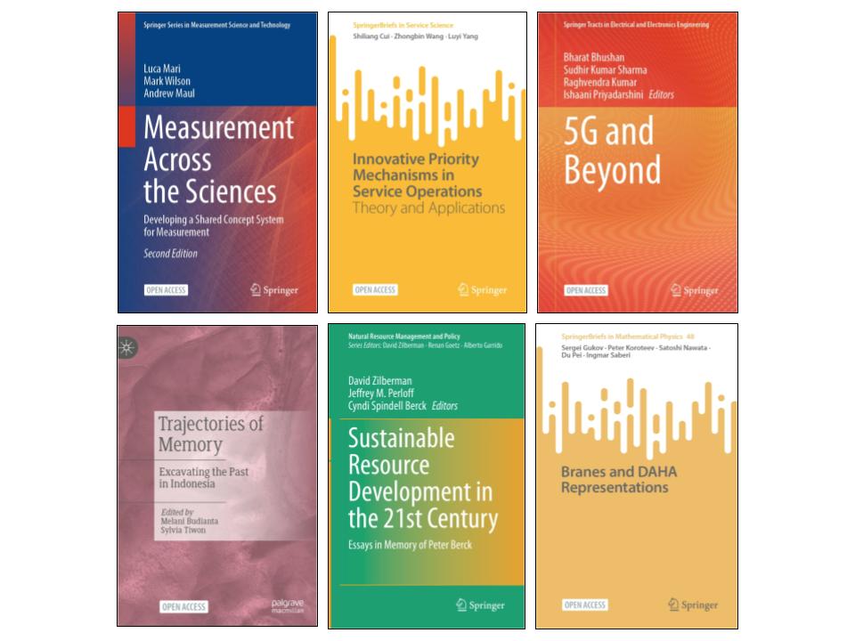 Six small book covers representing titles published by UC Berkeley authors through the Springer open access book publishing agreement.