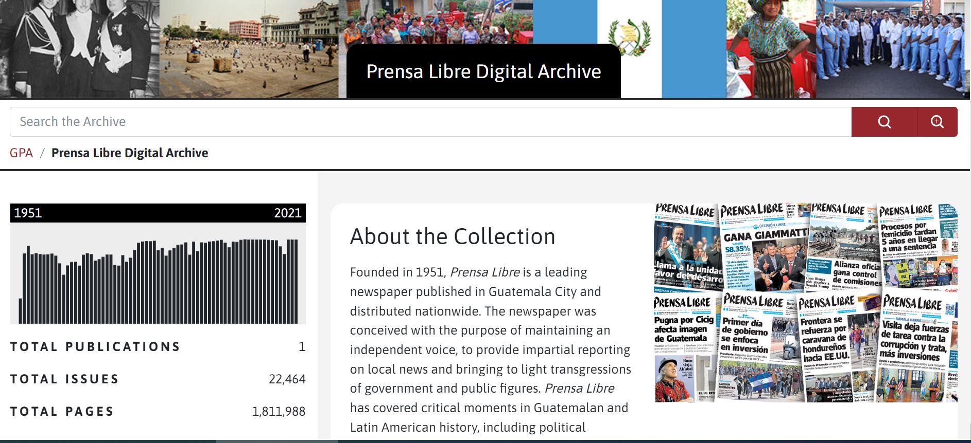 The landing page of the Prensa Libre Digital Archive.