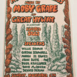 Poster for "A Day on the Grass" listing bands, speakers. Trees and [marijuana buds] are in the background