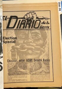 Black and white El Diablo de la Gente newspaper featuring a graphic of a raised fist holding an ink quill pen and a person with metal chains over their mouth.