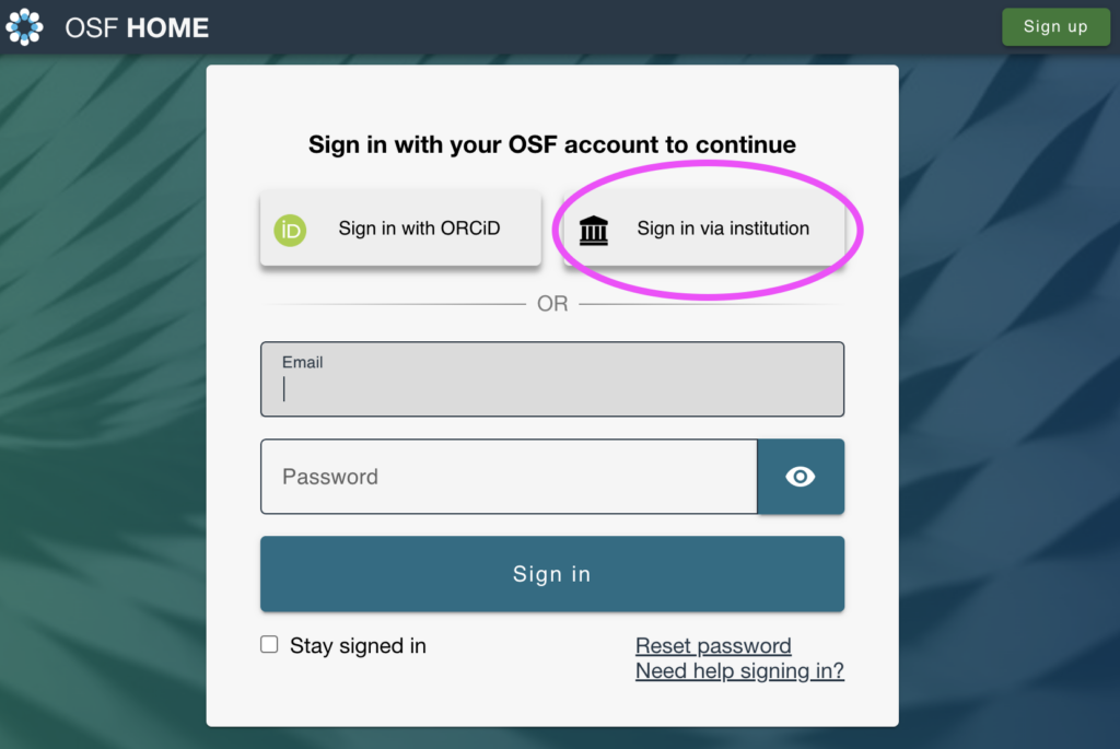 Image of OSF Institutions login screen with "Sign in via Institution" button circled in pink