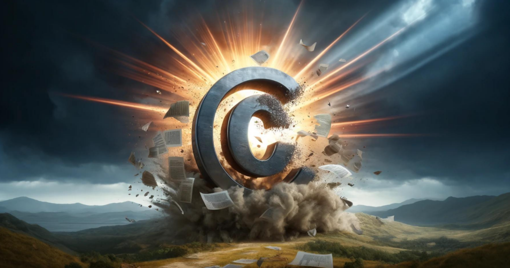 A dramatic scene depicting a large copyright symbol exploding in a burst of energy, surrounded by flying pages and debris. The background features a stormy sky and a mountainous landscape.