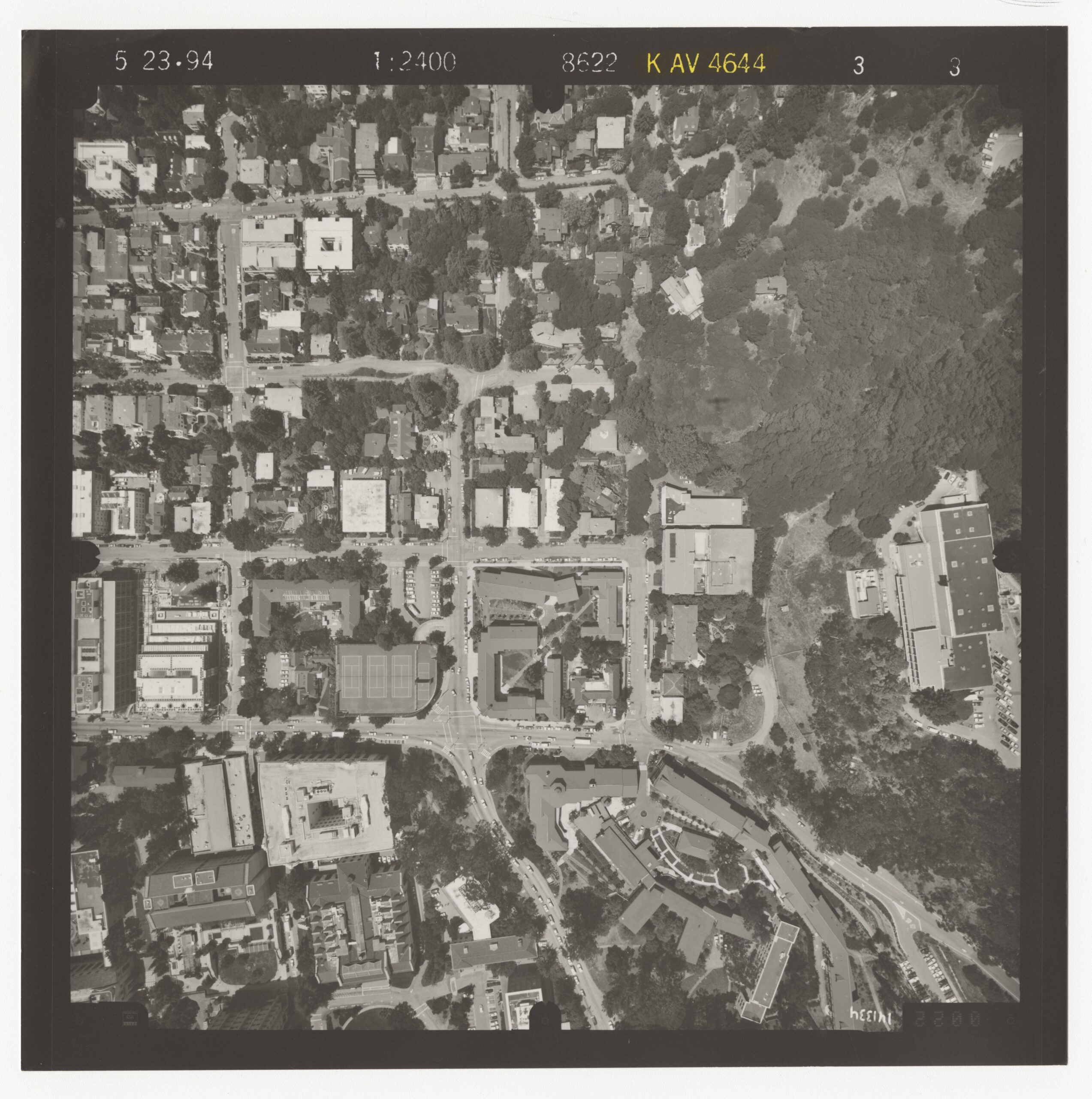 A black-and-white aerial view of the northeast side of UC Berkeley's campus and the surrounding area. 