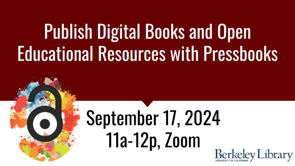 Event flyer with maroon and white background the title 'Publish Digital Books and Open Educational Resources with Pressbooks.'