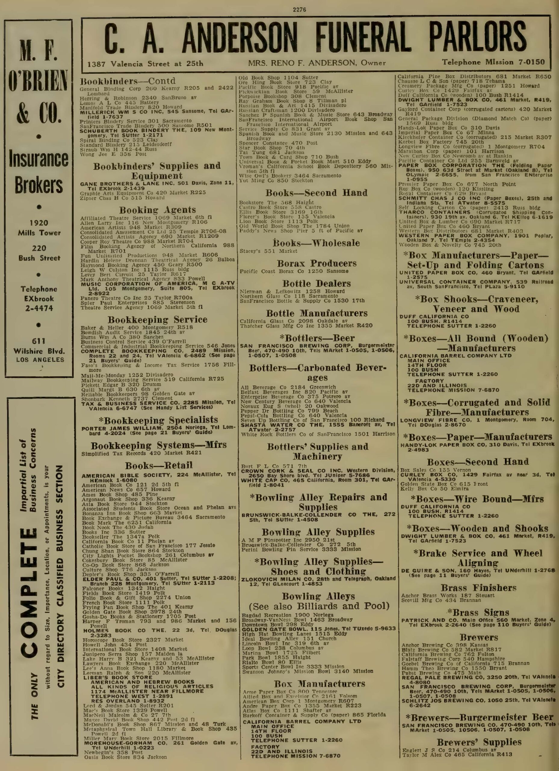 Page from San Francisco city directory with columns listing businesses with their addresses.