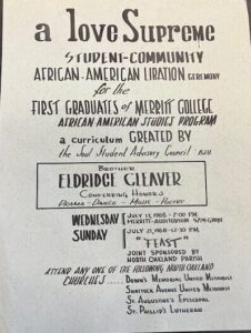 Black & white flyer for the Libation ceremony celebrating the first graduates of Merritt College's African American Studies program