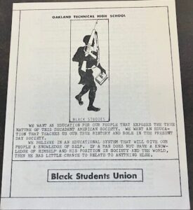 Front of a pamphlet for the Black Student Union at Oakland Tech, in black & white