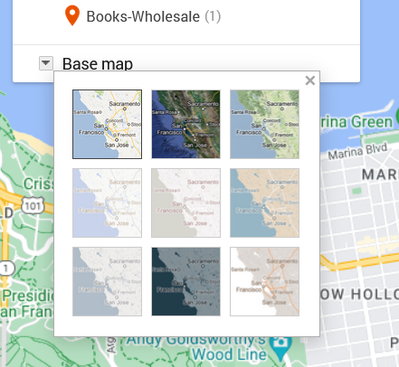 Grid of nine possible base maps for use in Google Maps. The small squares suggest different color balances and labels. 