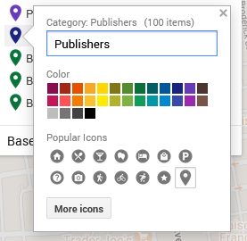 Google My Map 30 color options above grid of symbols one can use for data points across map.