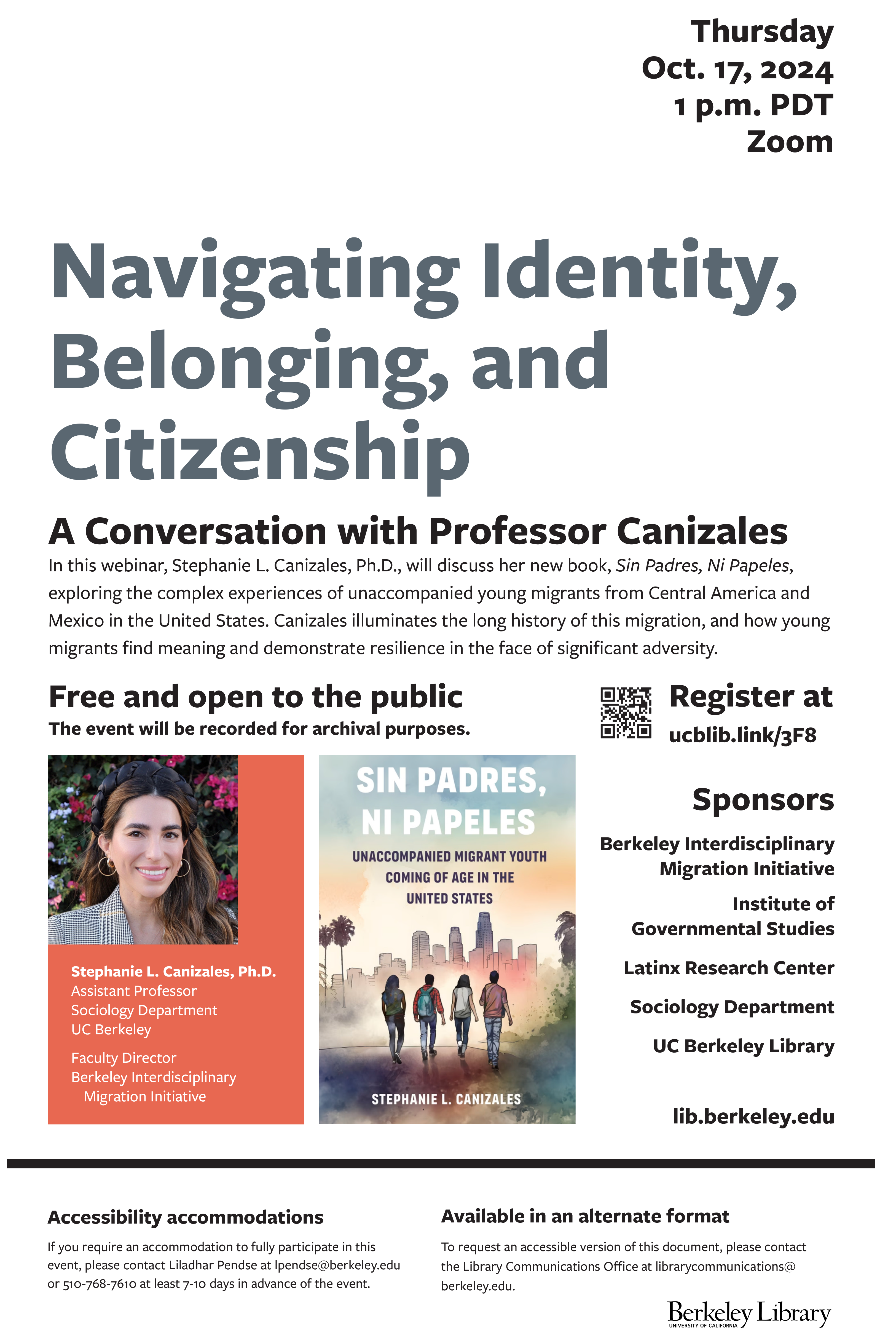 A poster of webinar on October 17th with a title: Navigating Identity, Belonging, and Citizenship: A Conversation with Professor Canizales