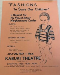 Orange-pink flyer advertising a benefit fashion show for the Parent-Infant Neighborhood Center. Features a model of indeterminate age