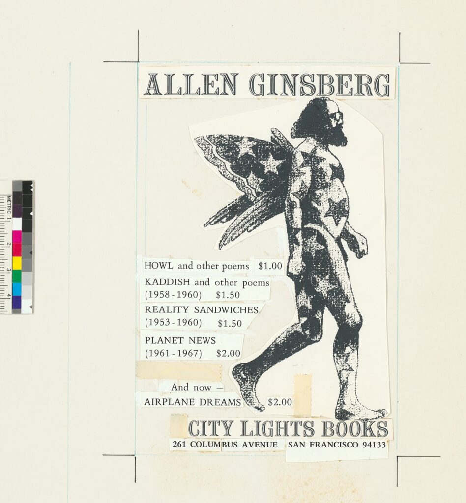 Allen Ginsberg depicted with wings in copy for a promotional piece.