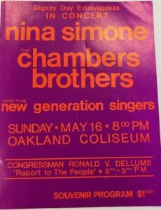 Program from Dignity Day at the Oakland Coliseum. Orange letters on fuchsia background