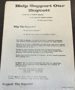 Black & white flyer in support of a boycott of Berkeley