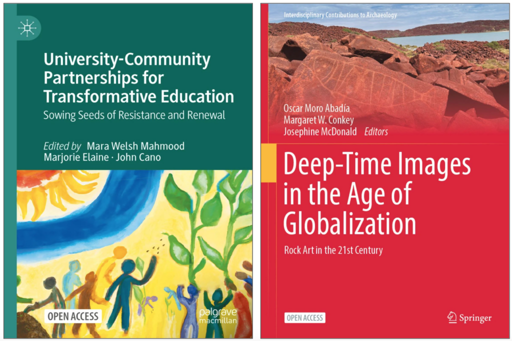 Two book covers side by side, including University-Community Partnerships for Transformative Education: Sowing Seeds of Resistance and Renewal and Deep-Time Images in the Age of Globalization: Rock Art in the 21st Century.