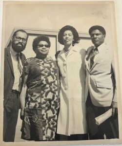 Black & white photo of Sid Walton, Ruth Hagwood, Sibeko-Kouate, Nathan Hare