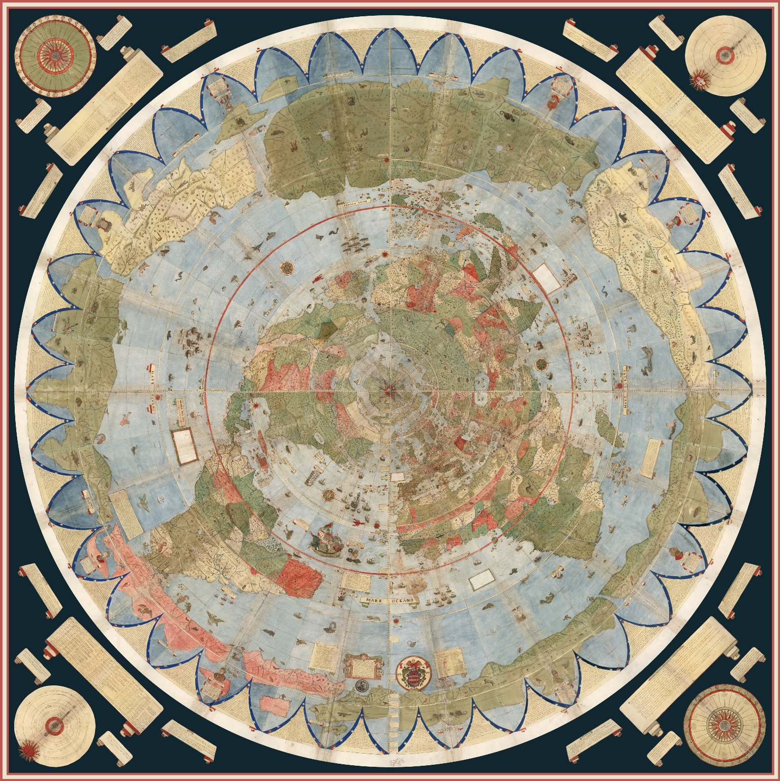 Stunning 16th century map from a northern projection with the continents spread out around the north pole in greens, blues, and reds. A black border with golds surround the circular maps.