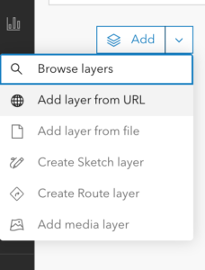 ArcGIS Online add layer list in white and blacks, offering options for layer sourcing from URL, file, sketching, route, or other media.