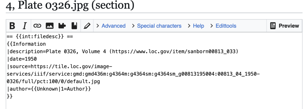 Screen capture of wikimedia commons edit screen showing what the text for updating a summary looks like.