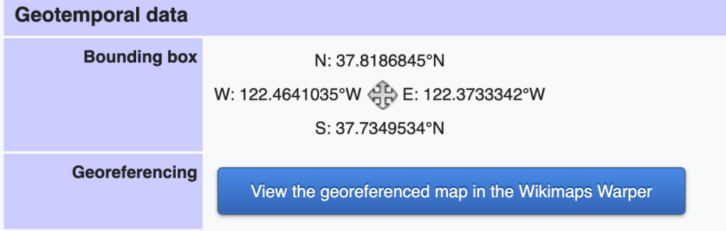 WikiMaps screen capture of the "Summary" with the geobox information showing the map's corner cordinants and a link to viewing it on Wikimaps.