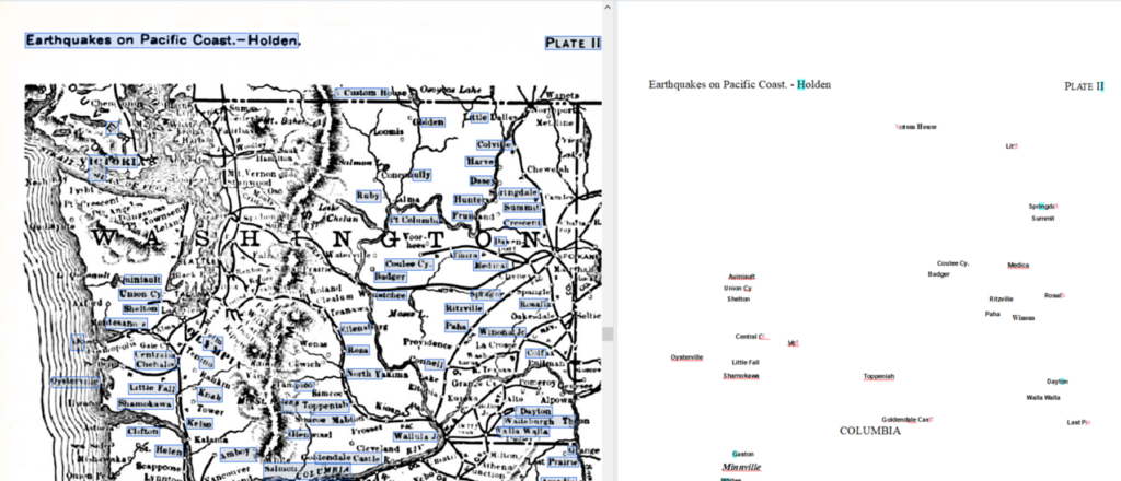 Capture of Abbyy Finereader attempt to interpret a map of a portion of California with map on the left and the attempted read on the right.