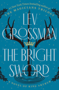 Book cover with blue background, author name and title spread across the cover with a sword blade in the background.