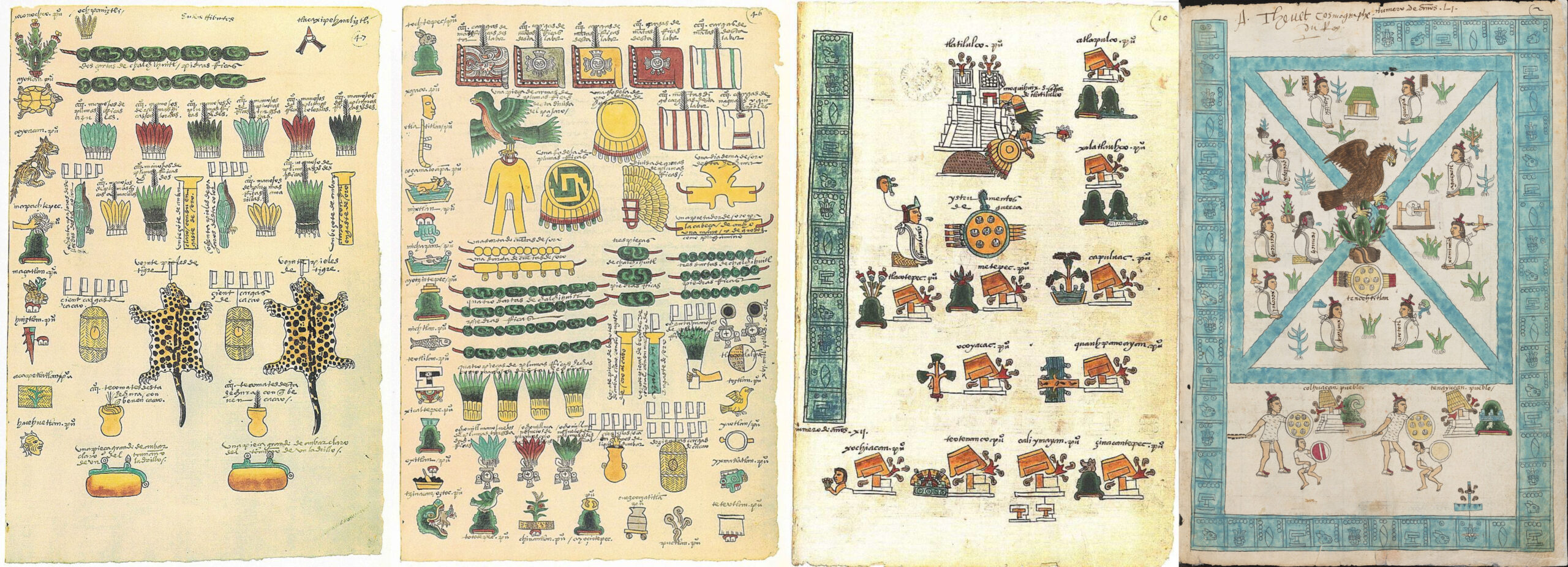 A Collage of pages of Codex Mendoza. The Codex Mendoza is an Aztec codex, believed to have been created around the year 1541.[1] It contains a history of both the Aztec rulers and their conquests as well as a description of the daily life of pre-conquest Aztec society. The codex is written using traditional Aztec pictograms with a translation and explanation of the text provided in Spanish. It is named after Don Antonio de Mendoza (1495-1552), the viceroy of New Spain, who supervised its creation and who was a leading patron of native artists.