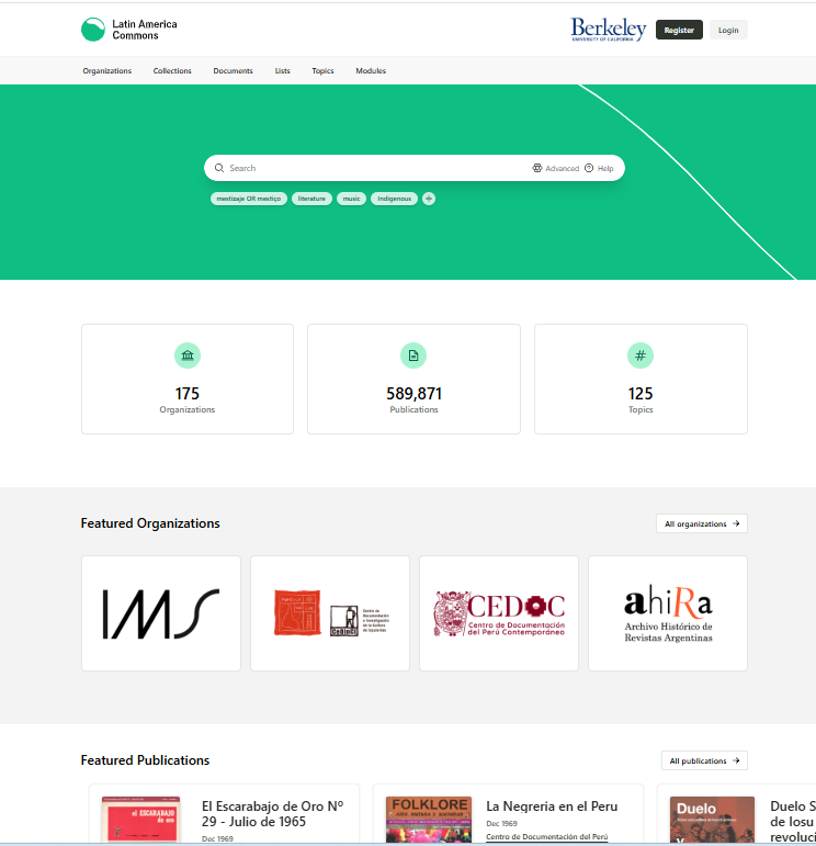 Latin America CommonsThis link opens in a new window New UCB access onlyAlternate Name(s): Latin American History and Culture A richly-indexed, full-text database providing centralized access to centuries of Latin American and Latinx primary-source materials, previously scattered across the internet.